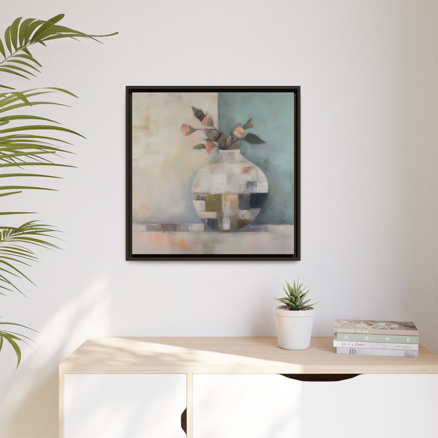 Geometric Floral Still Life Wall Art – Framed Abstract Canvas with Vase and Blush Pink Buds