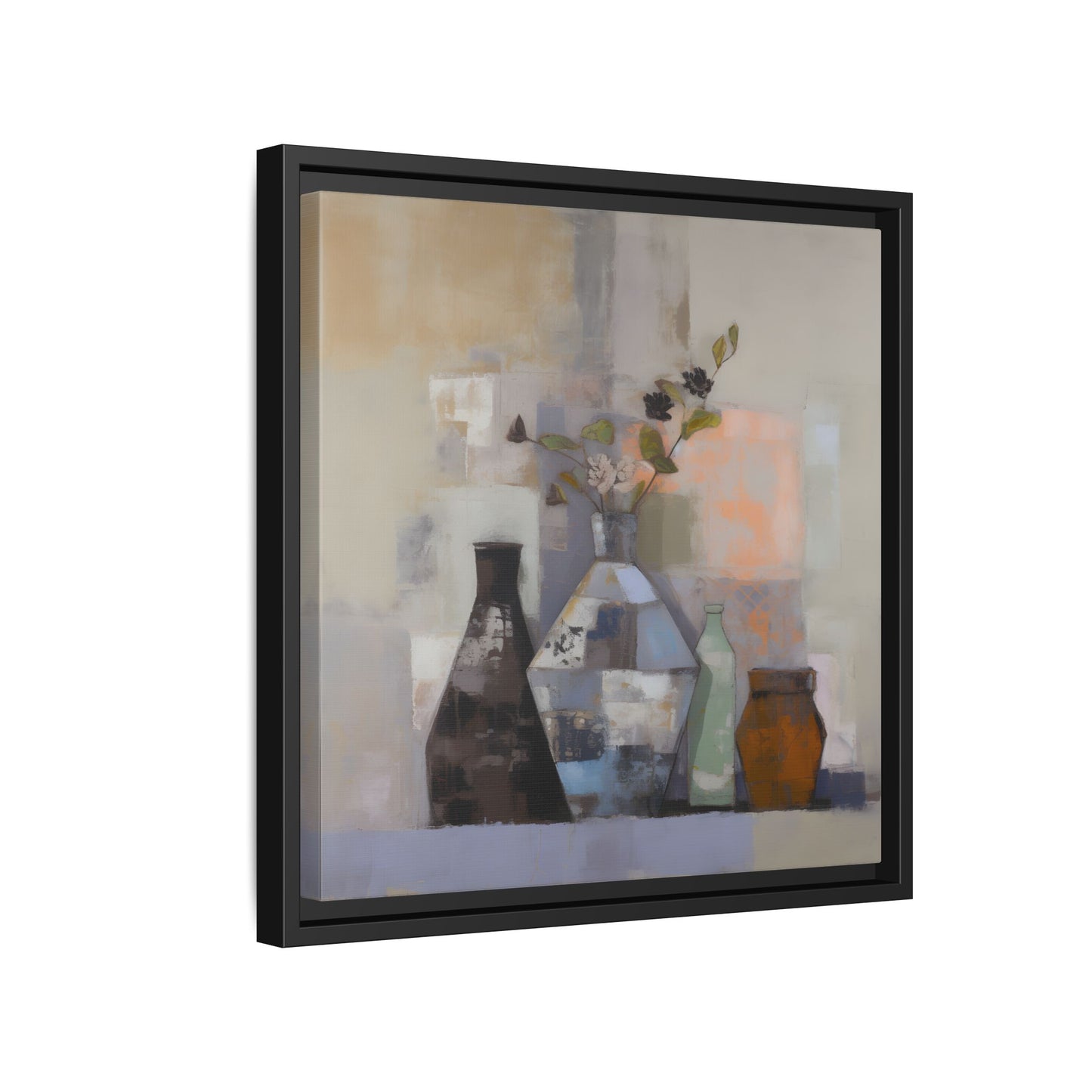 Earthy Bottle Still Life Wall Art – Framed Abstract Canvas with Geometric Vases in Neutral Tones