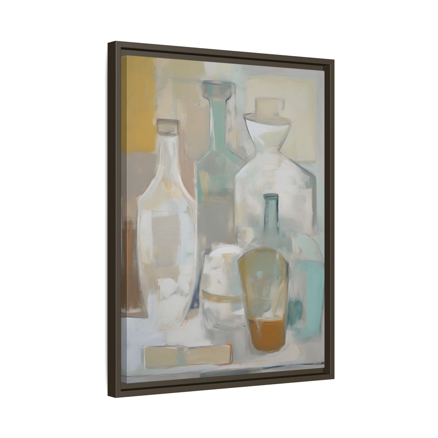 Modern Still Life Wall Art – Neutral Bottles Framed Canvas in Beige, Aqua & Amber