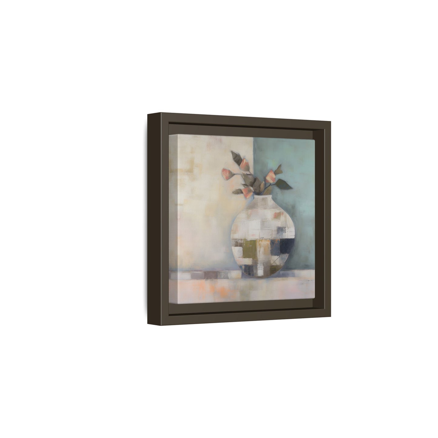 Geometric Floral Still Life Wall Art – Framed Abstract Canvas with Vase and Blush Pink Buds