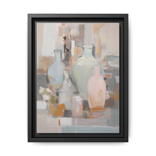 Modern Abstract Still Life Wall Art – Colorful Framed Canvas with Blue, Pink & Terracotta Bottles