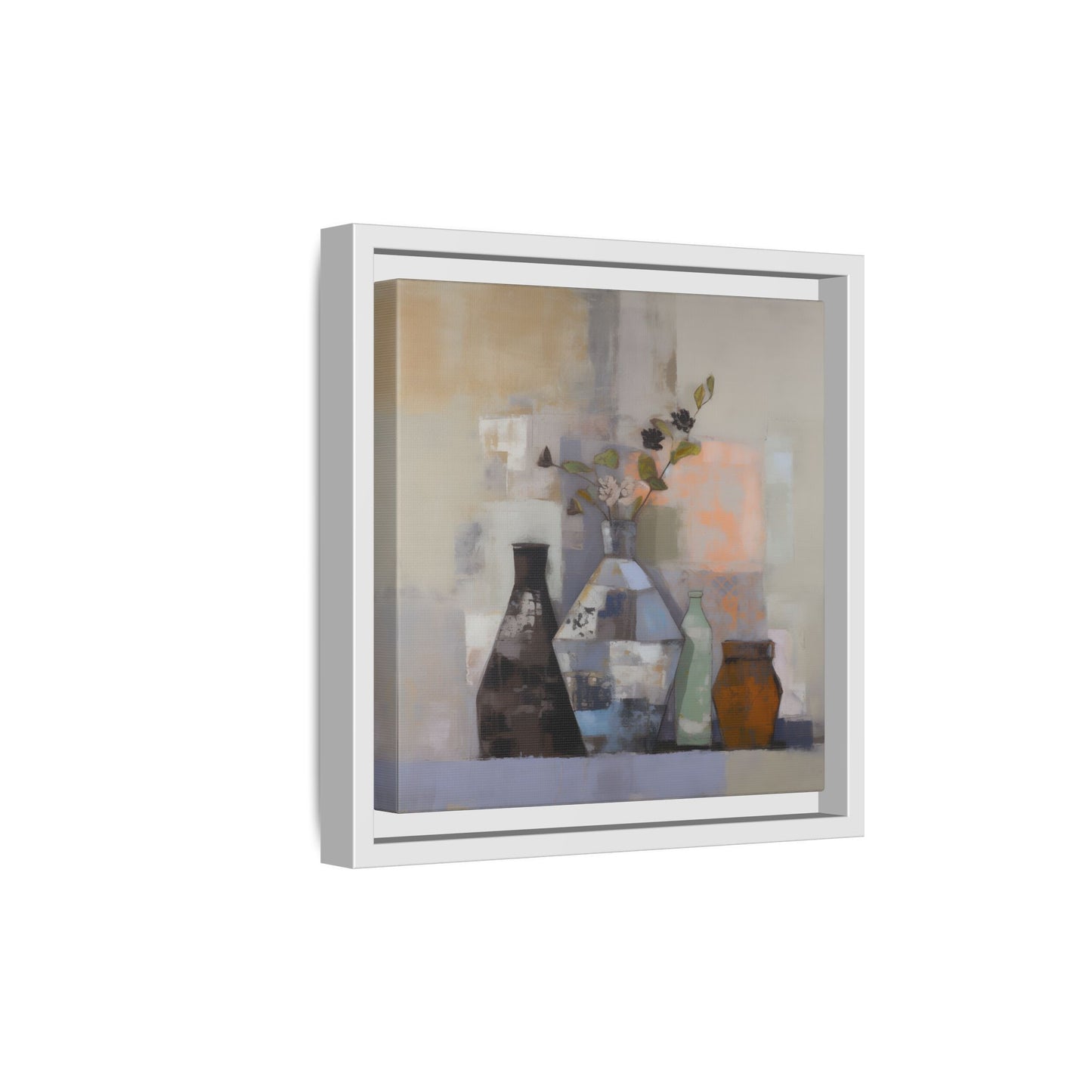 Earthy Bottle Still Life Wall Art – Framed Abstract Canvas with Geometric Vases in Neutral Tones