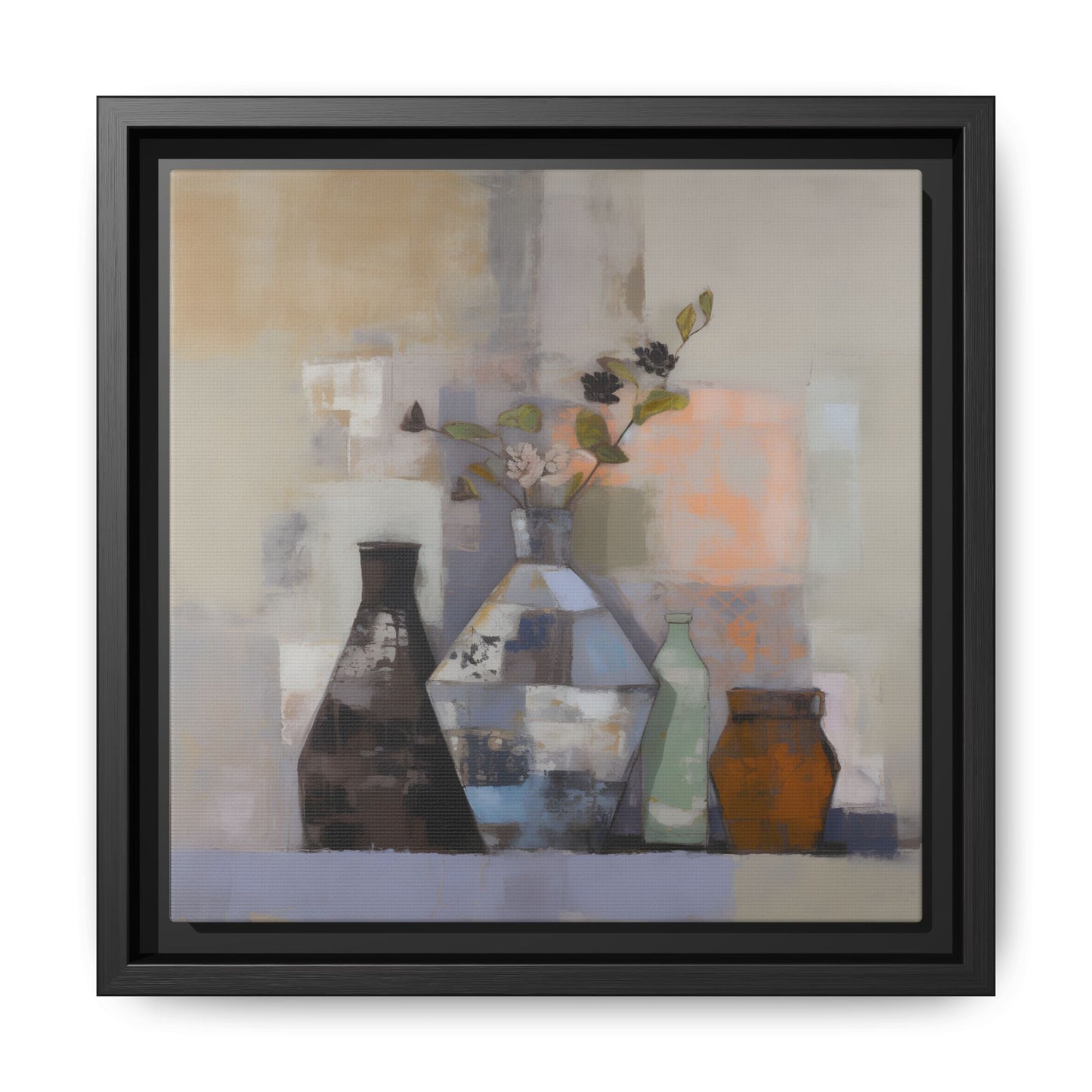 Earthy Bottle Still Life Wall Art – Framed Abstract Canvas with Geometric Vases in Neutral Tones