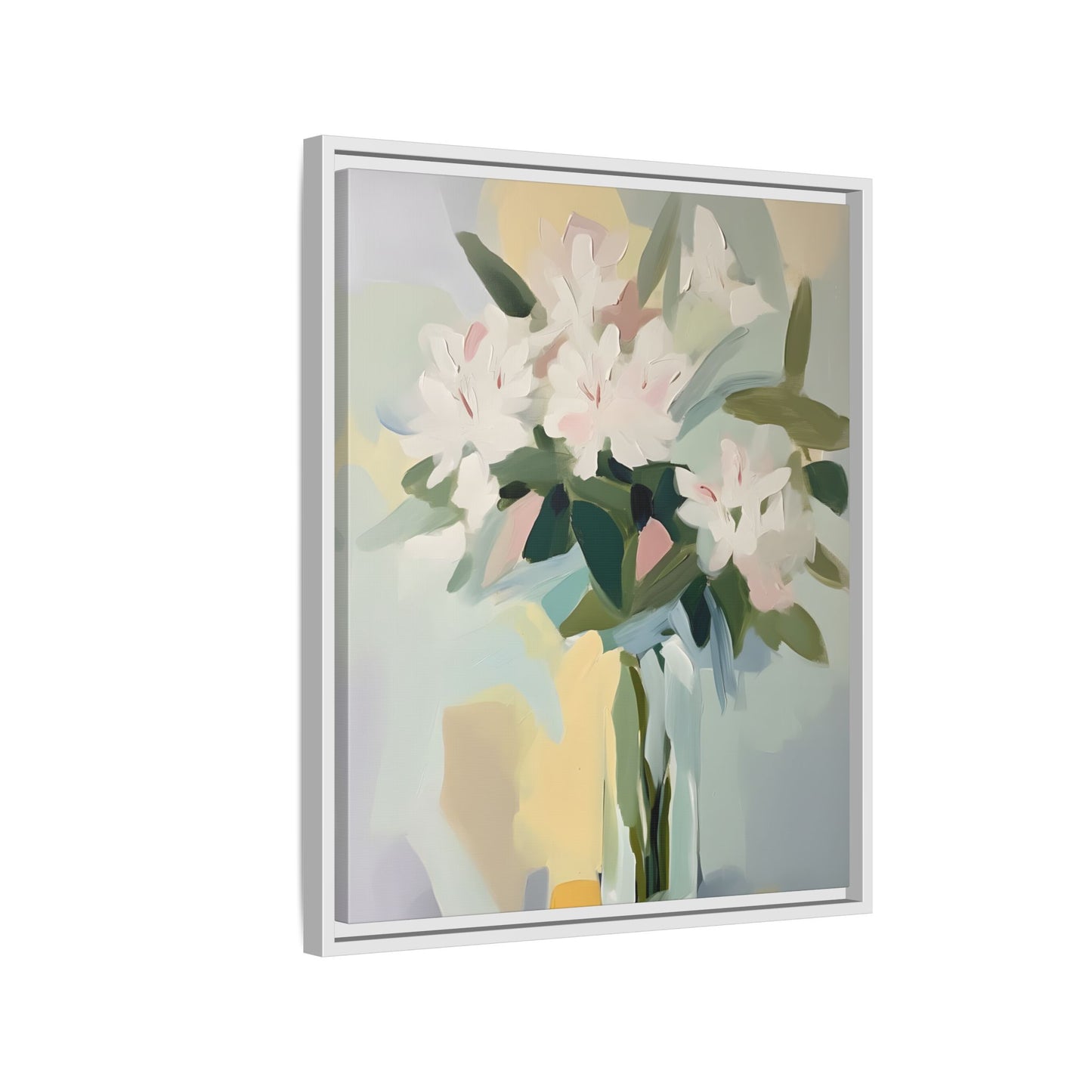 Soft Abstract Floral Wall Art – Framed Modern Canvas with White Flowers in Green Vase