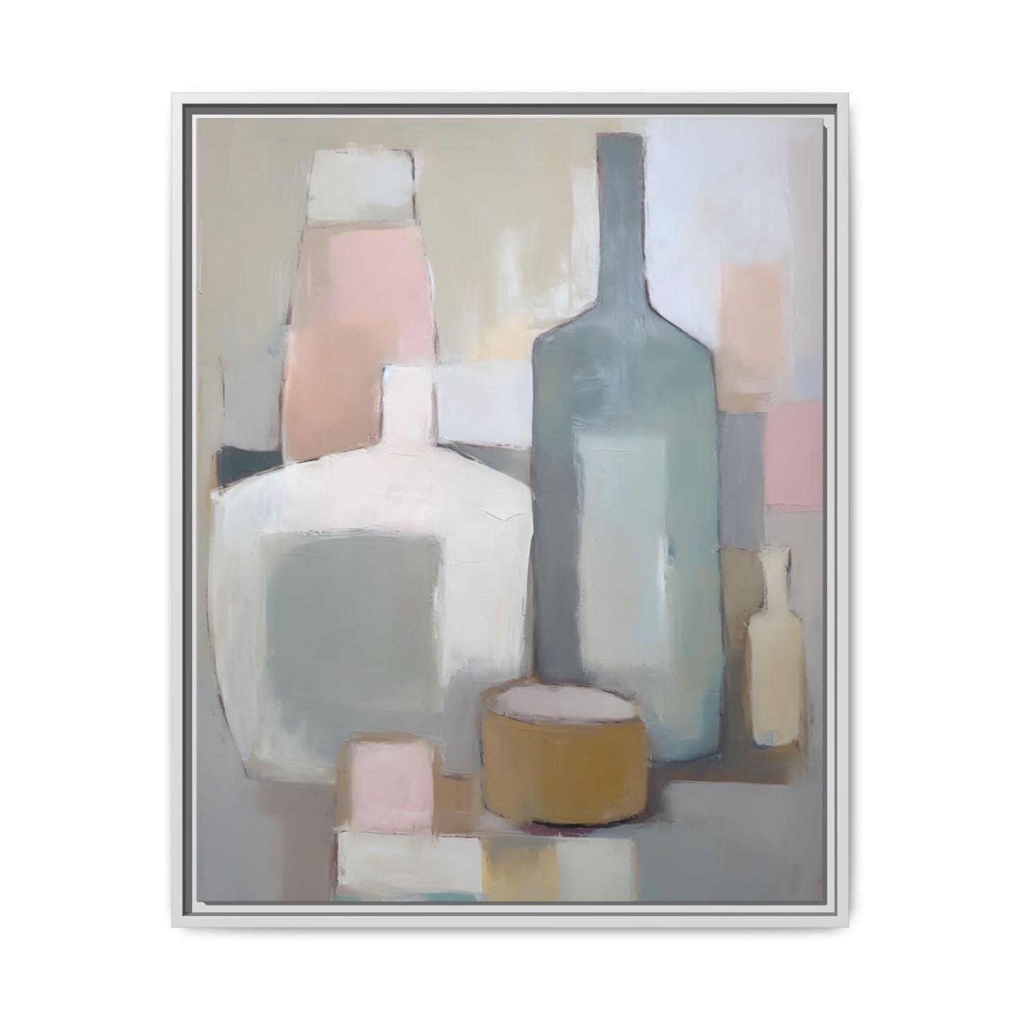 Modern Abstract Bottle Still Life Wall Art – Framed Canvas in Soft Pink, Blue, and Beige