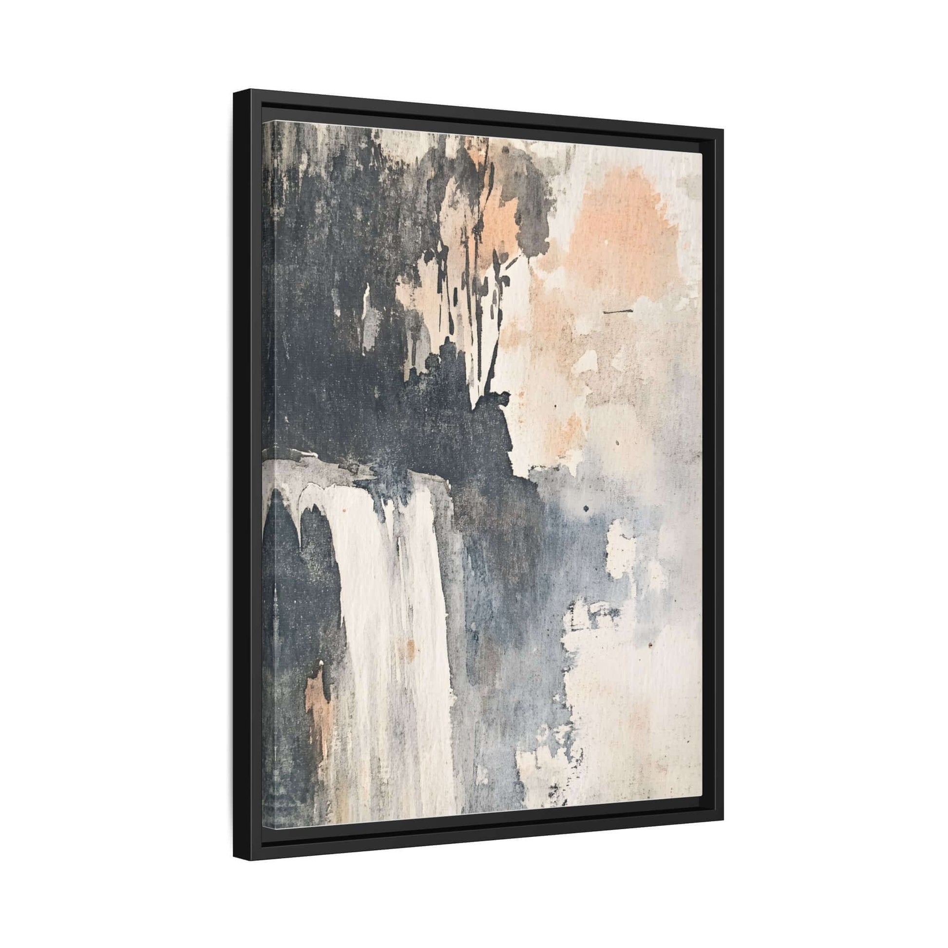 Framed matte canvas art print of a waterfall, featuring abstract brush strokes in muted tones, ideal for home decor and wall art.