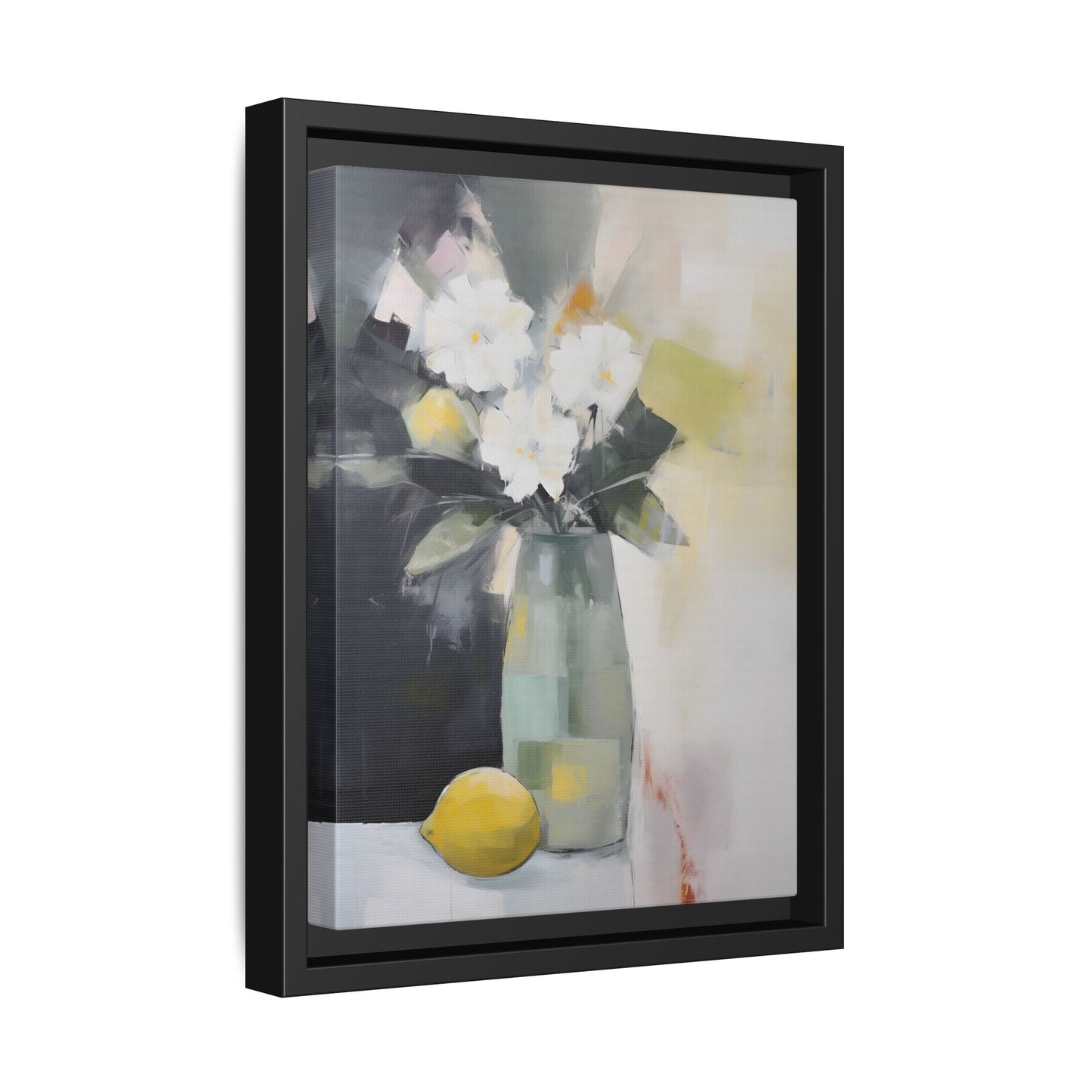 Modern Floral Still Life Wall Art – Framed Canvas with White Flowers and Lemon in Soft Green Vase