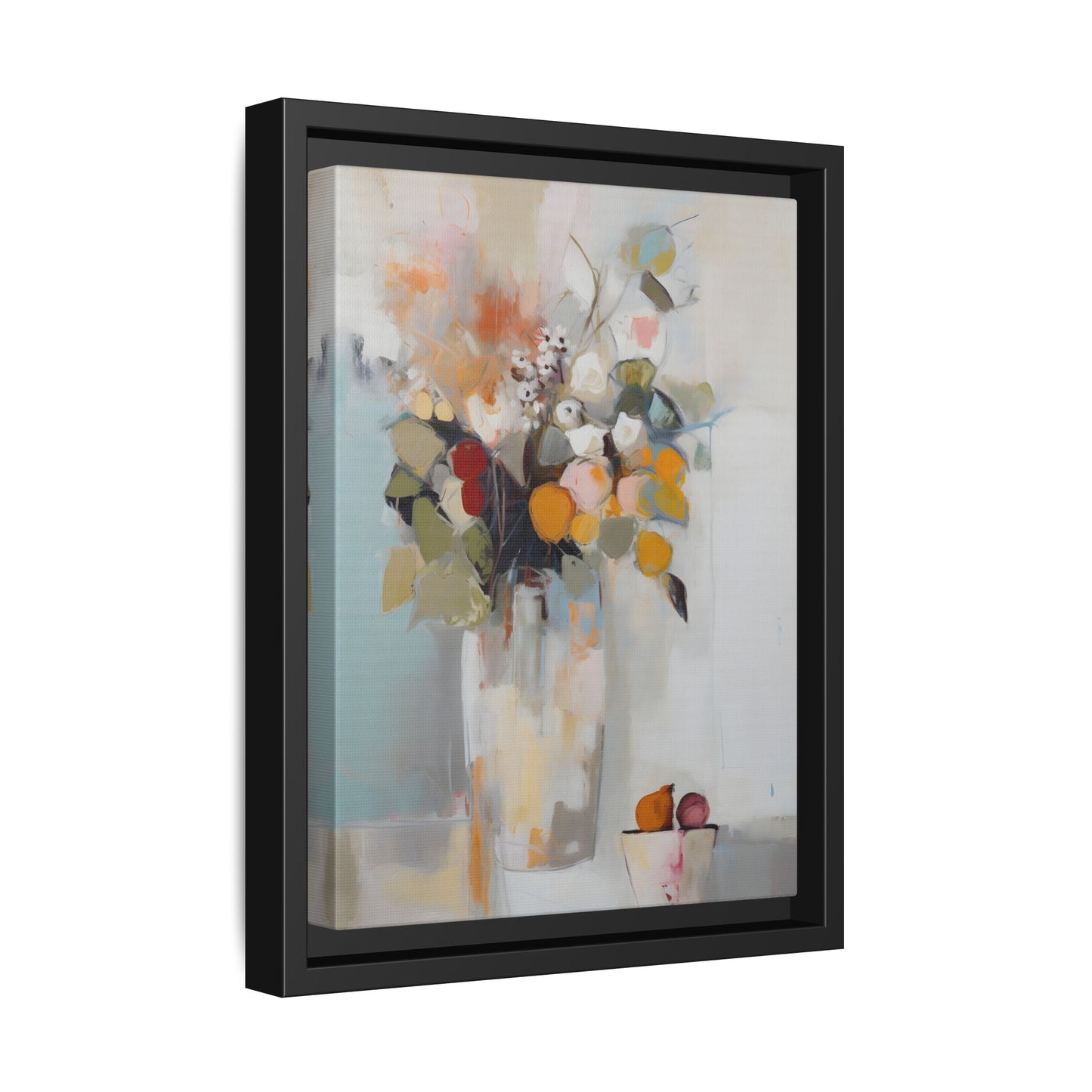 Colorful Floral Still Life Wall Art – Framed Abstract Canvas with Bright Blooms and Fruit Bowl