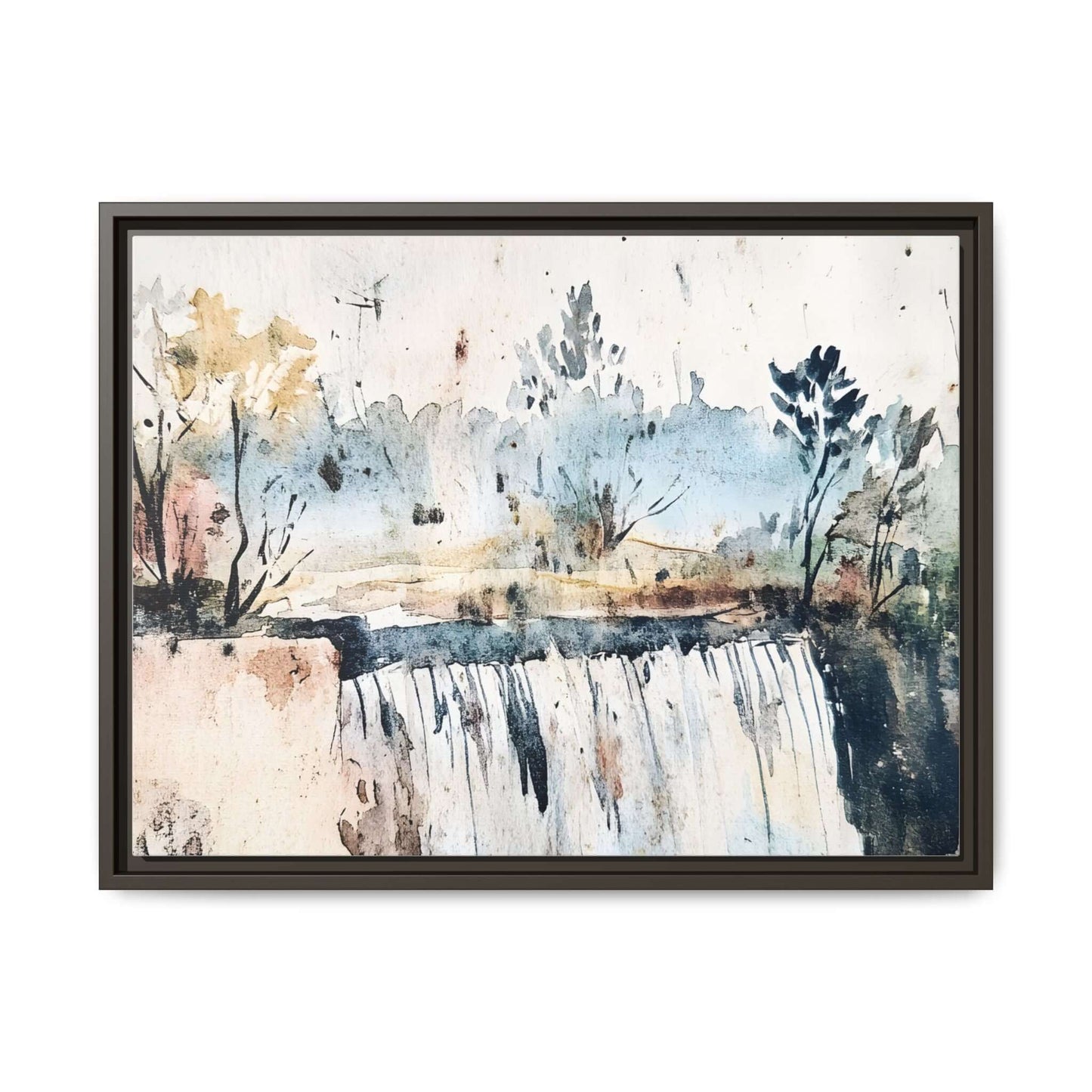 Framed watercolor wall art depicting a serene landscape scene with trees and a waterfall, ideal for home decor.