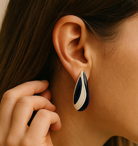 Vintage Elegant Navy and White Drop Enamel Earrings