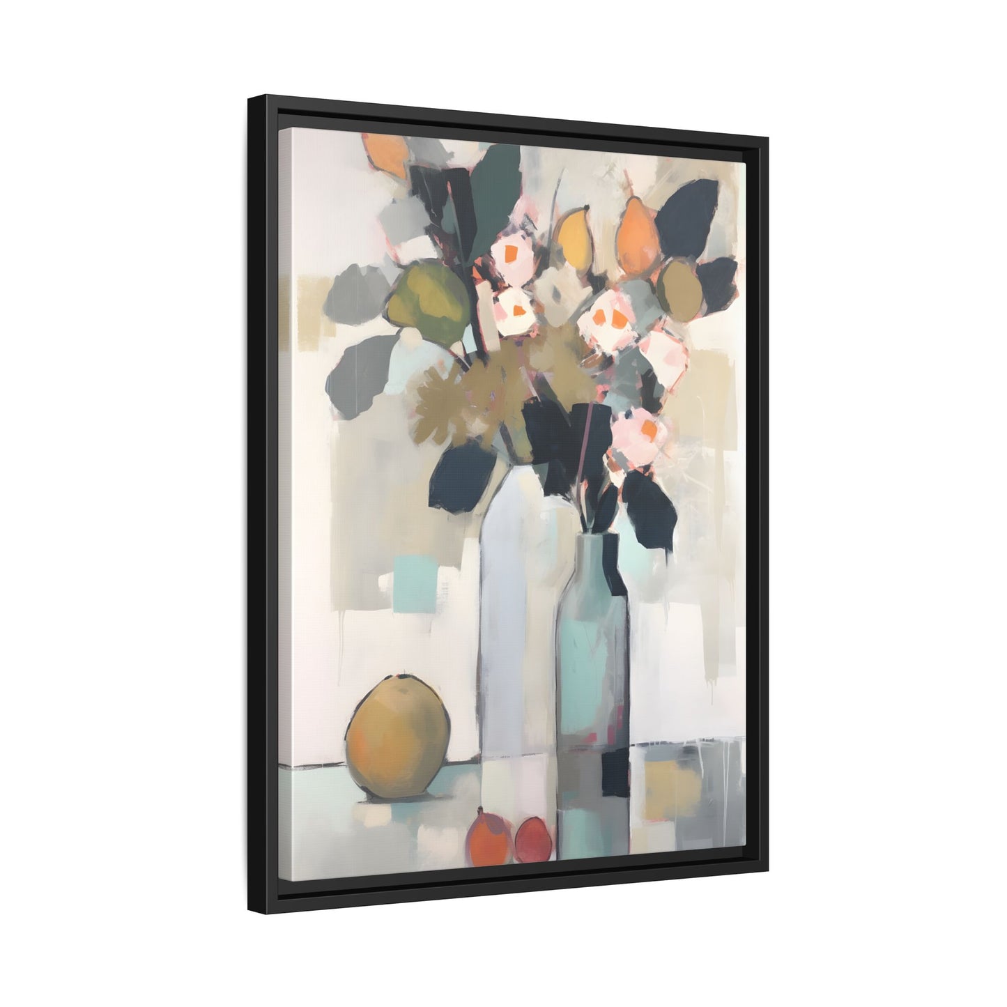 Modern Floral Still Life Wall Art – Framed Canvas with Bold Leaves and Citrus in Vase