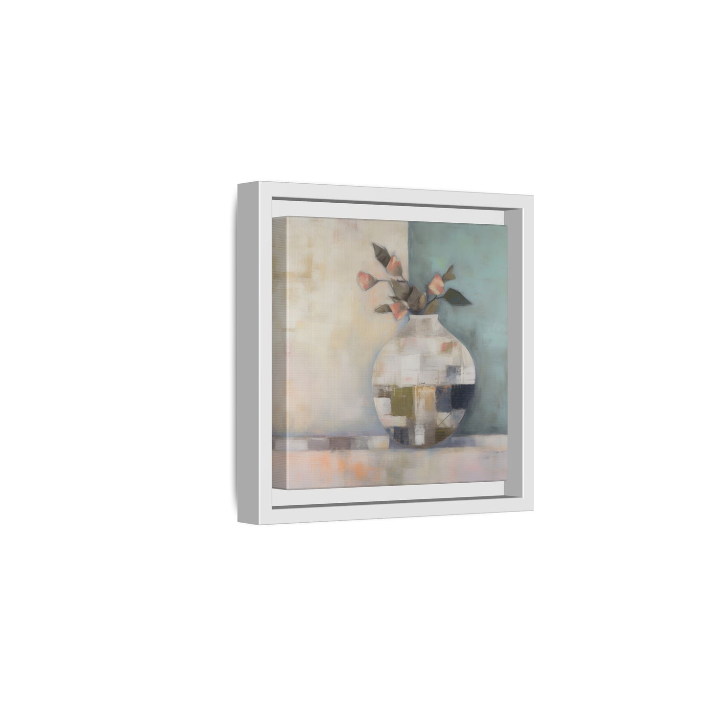 Geometric Floral Still Life Wall Art – Framed Abstract Canvas with Vase and Blush Pink Buds