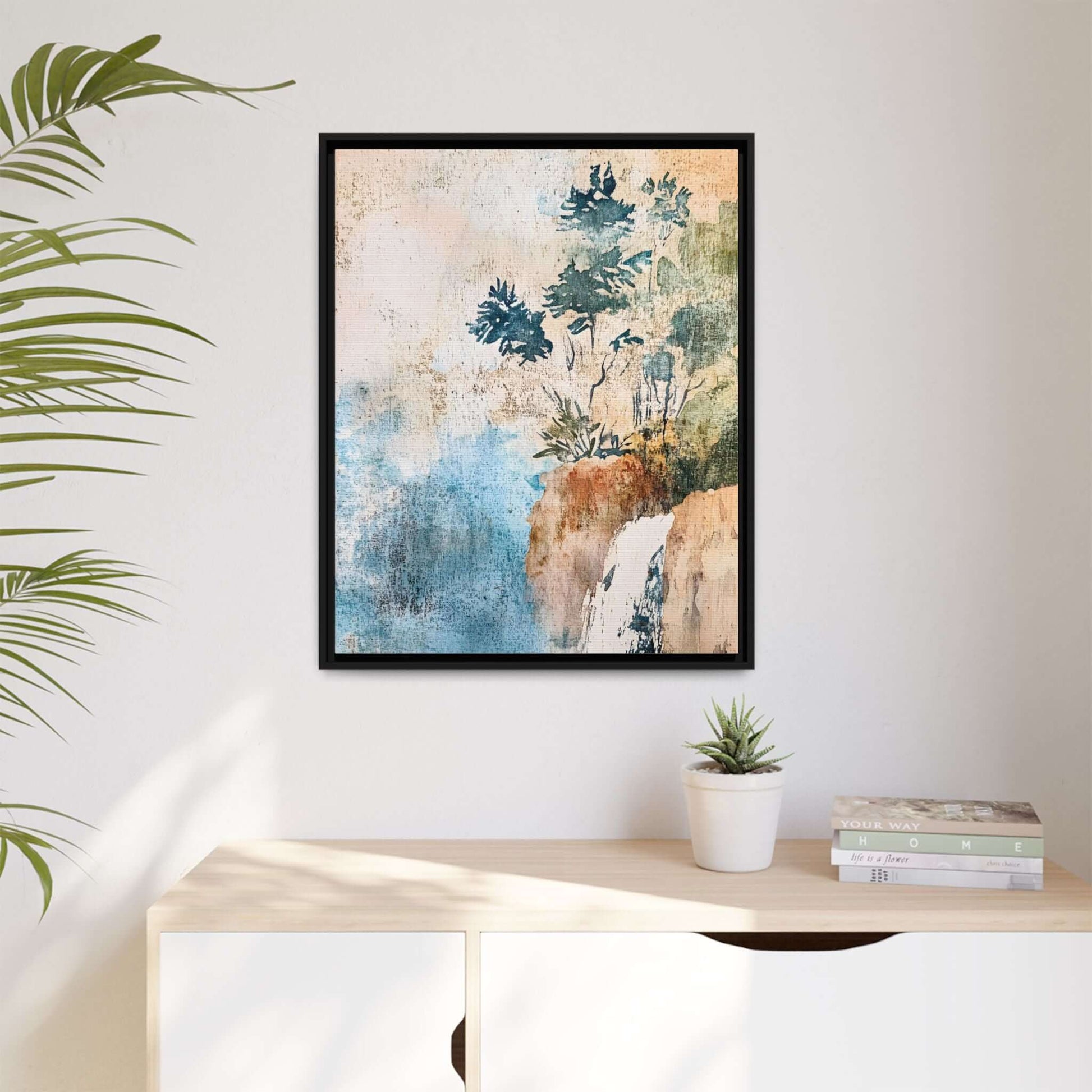 Framed watercolor canvas print of a misty forest landscape, enhancing room decor with elegance and tranquility.