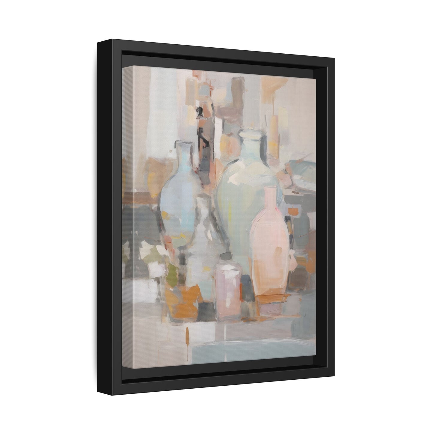 Modern Abstract Still Life Wall Art – Colorful Framed Canvas with Blue, Pink & Terracotta Bottles