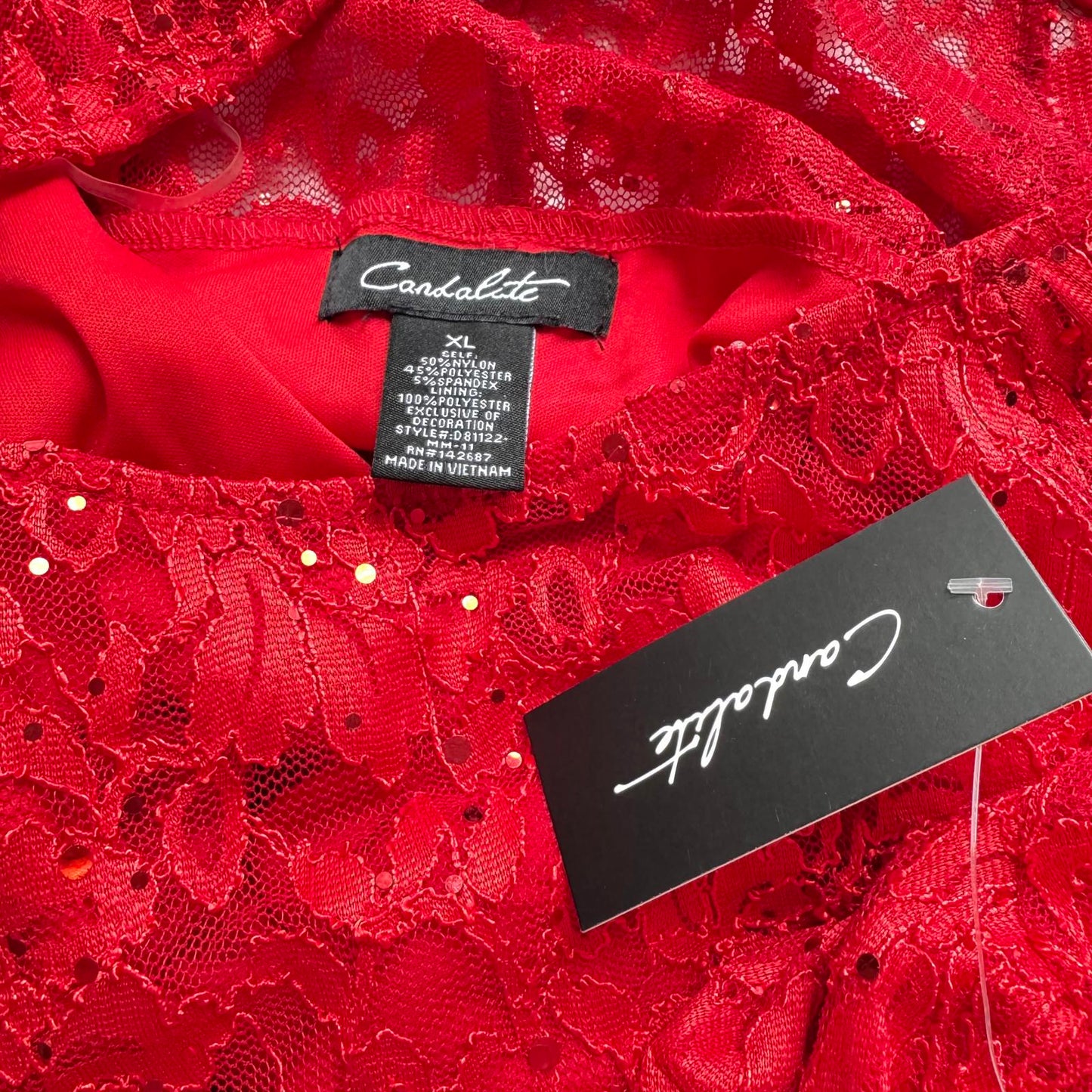 Elegant Red Lace Sparkly Cocktail Dress with 3/4 Lace Sleeves Size XL