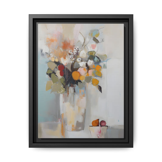 Colorful Floral Still Life Wall Art – Framed Abstract Canvas with Bright Blooms and Fruit Bowl