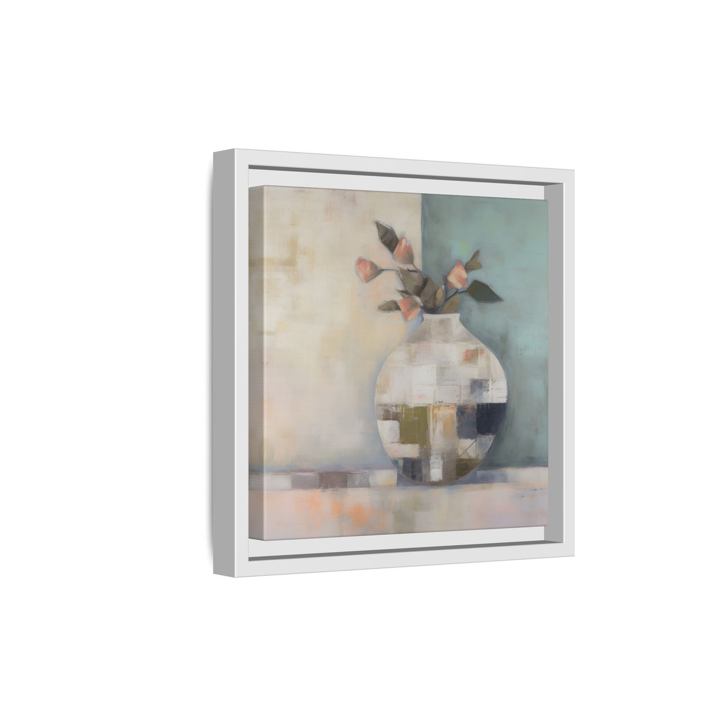 Geometric Floral Still Life Wall Art – Framed Abstract Canvas with Vase and Blush Pink Buds