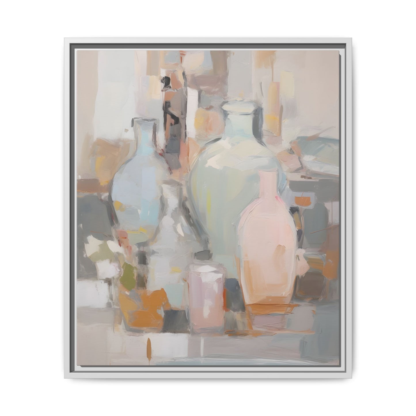 Modern Abstract Still Life Wall Art – Colorful Framed Canvas with Blue, Pink & Terracotta Bottles