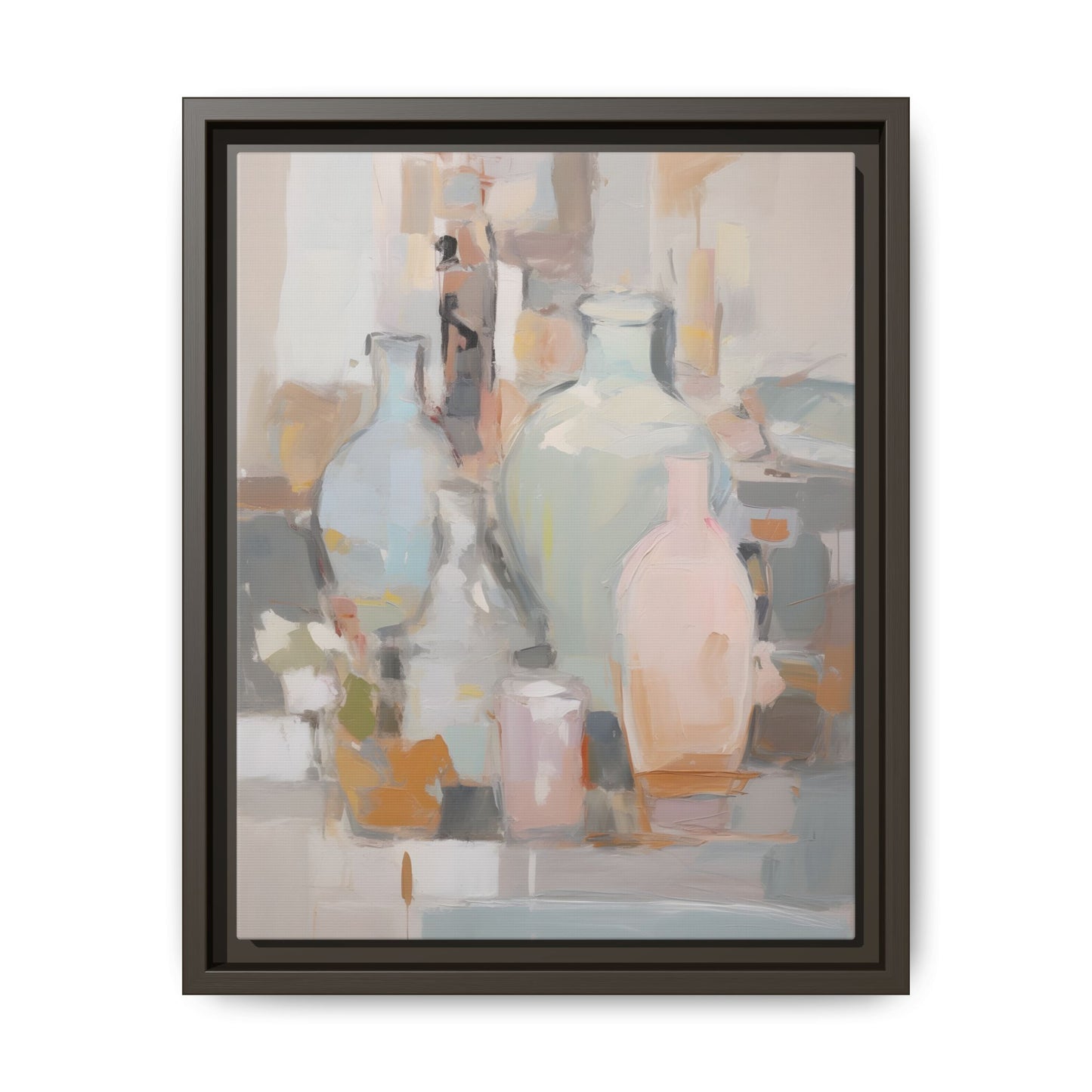 Modern Abstract Still Life Wall Art – Colorful Framed Canvas with Blue, Pink & Terracotta Bottles