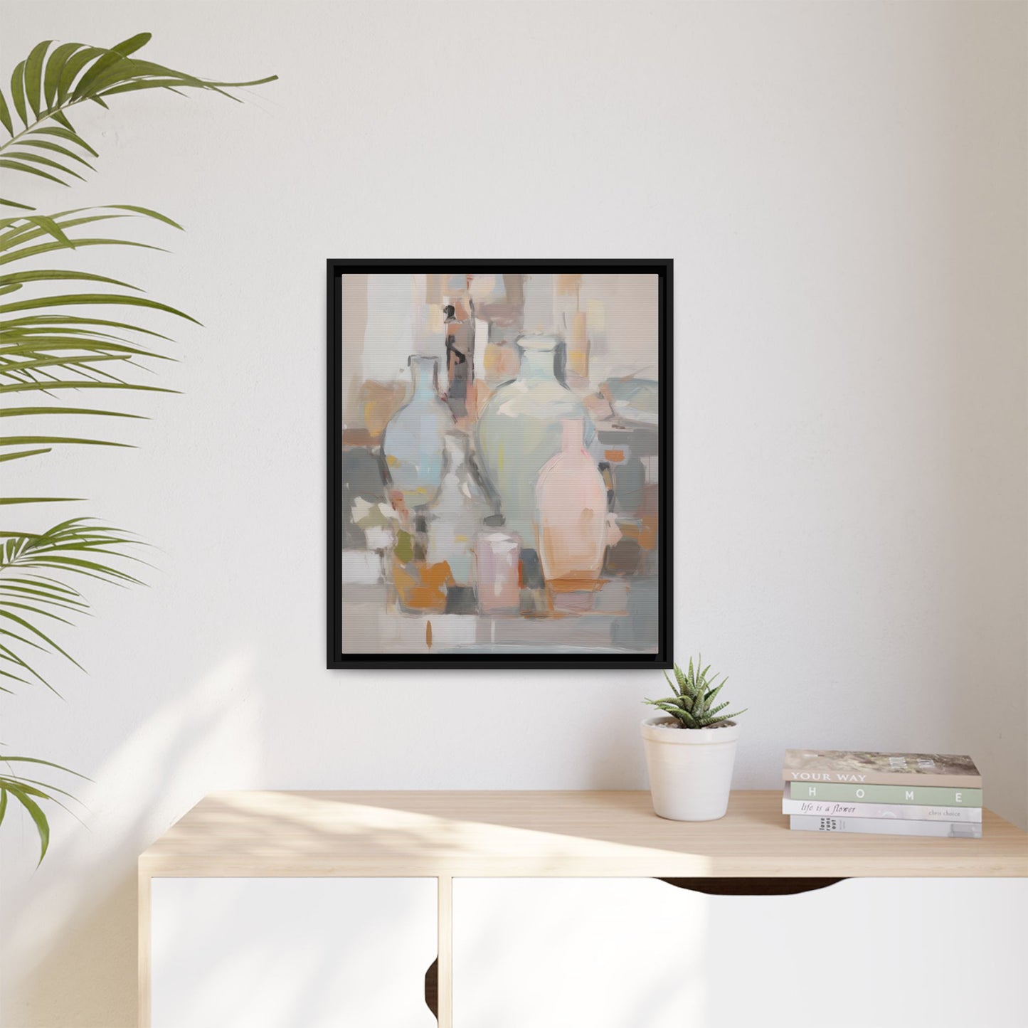 Modern Abstract Still Life Wall Art – Colorful Framed Canvas with Blue, Pink & Terracotta Bottles