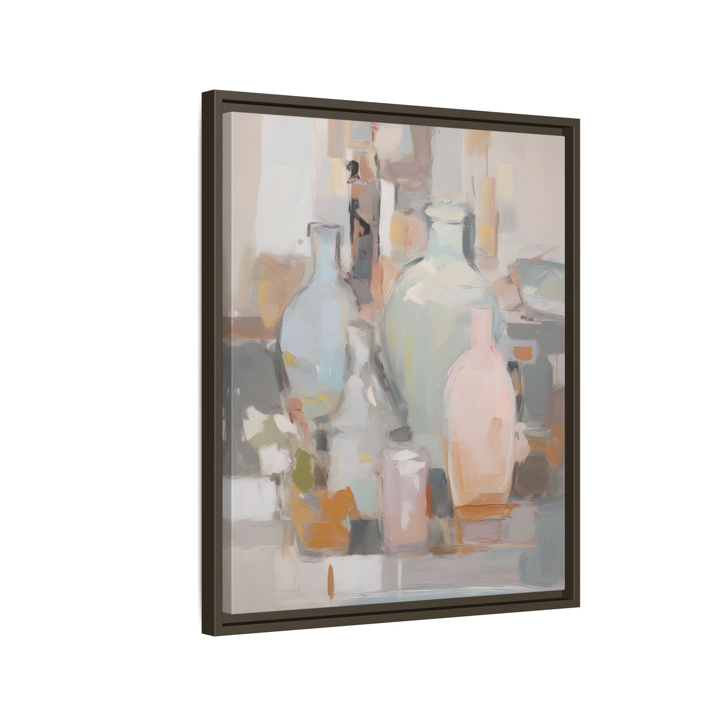 Modern Abstract Still Life Wall Art – Colorful Framed Canvas with Blue, Pink & Terracotta Bottles