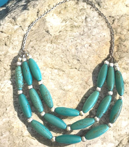 Bohemian Turquoise Color Beaded Necklace with Silver Accents