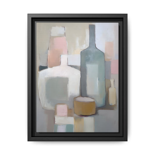 Modern Abstract Bottle Still Life Wall Art – Framed Canvas in Soft Pink, Blue, and Beige