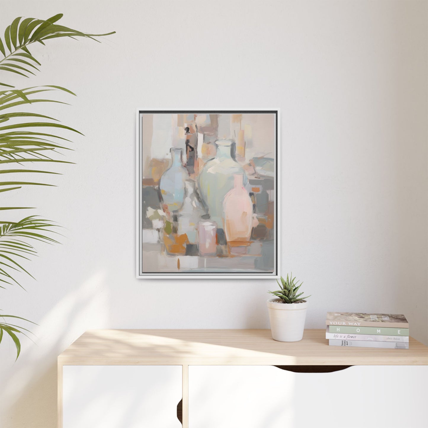 Modern Abstract Still Life Wall Art – Colorful Framed Canvas with Blue, Pink & Terracotta Bottles