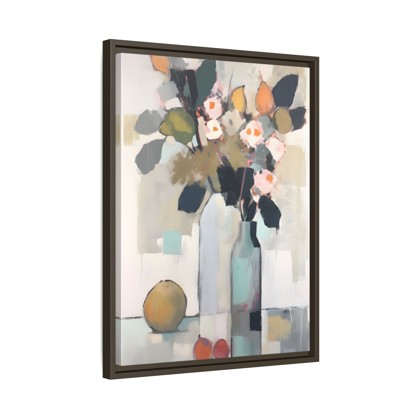 Modern Floral Still Life Wall Art – Framed Canvas with Bold Leaves and Citrus in Vase