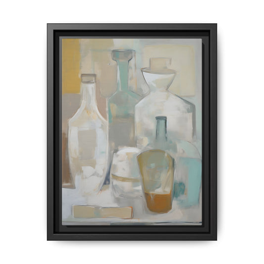 Modern Still Life Wall Art – Neutral Bottles Framed Canvas in Beige, Aqua & Amber