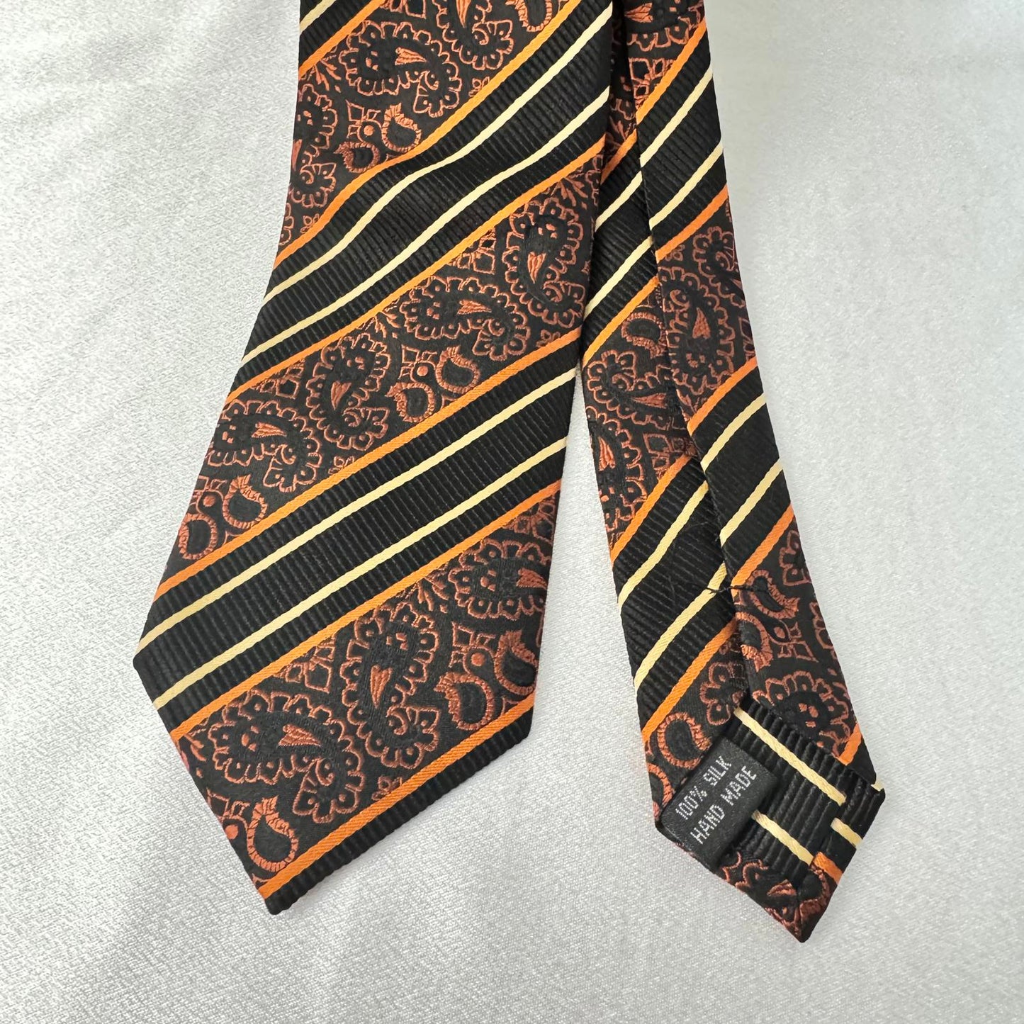 Handmade 100% Silk Paisley Tie - Black/Orange Stripes