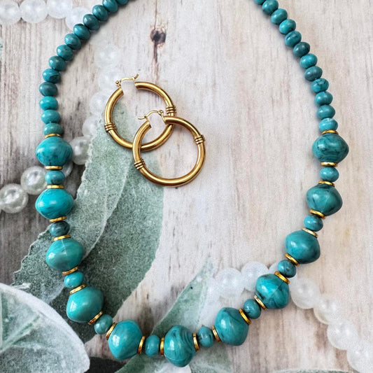Stunning Faux Turquoise Necklace with Coordinating Gold Tone Hoop Earrings Set