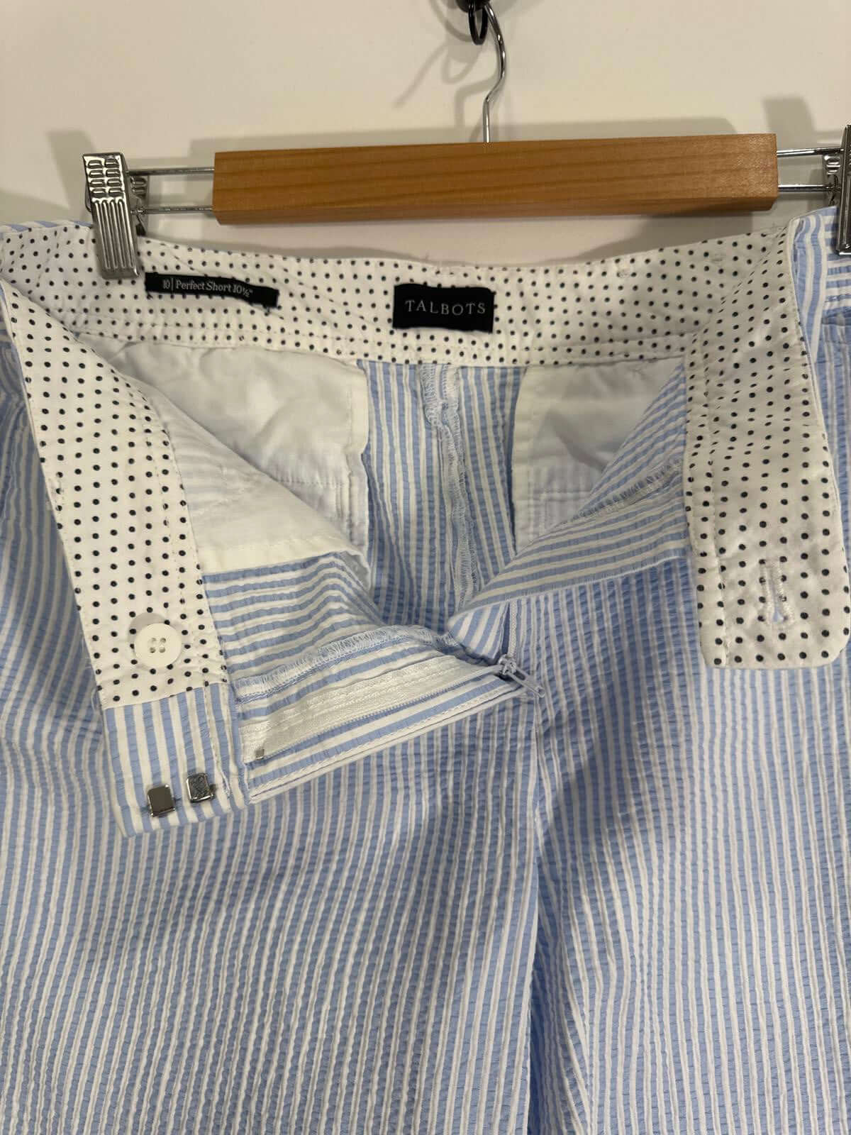 Talbots Women's Striped Bermuda Shorts in blue and white with polka dot trim showcased on hanger, close-up view of waistband and fabric details.