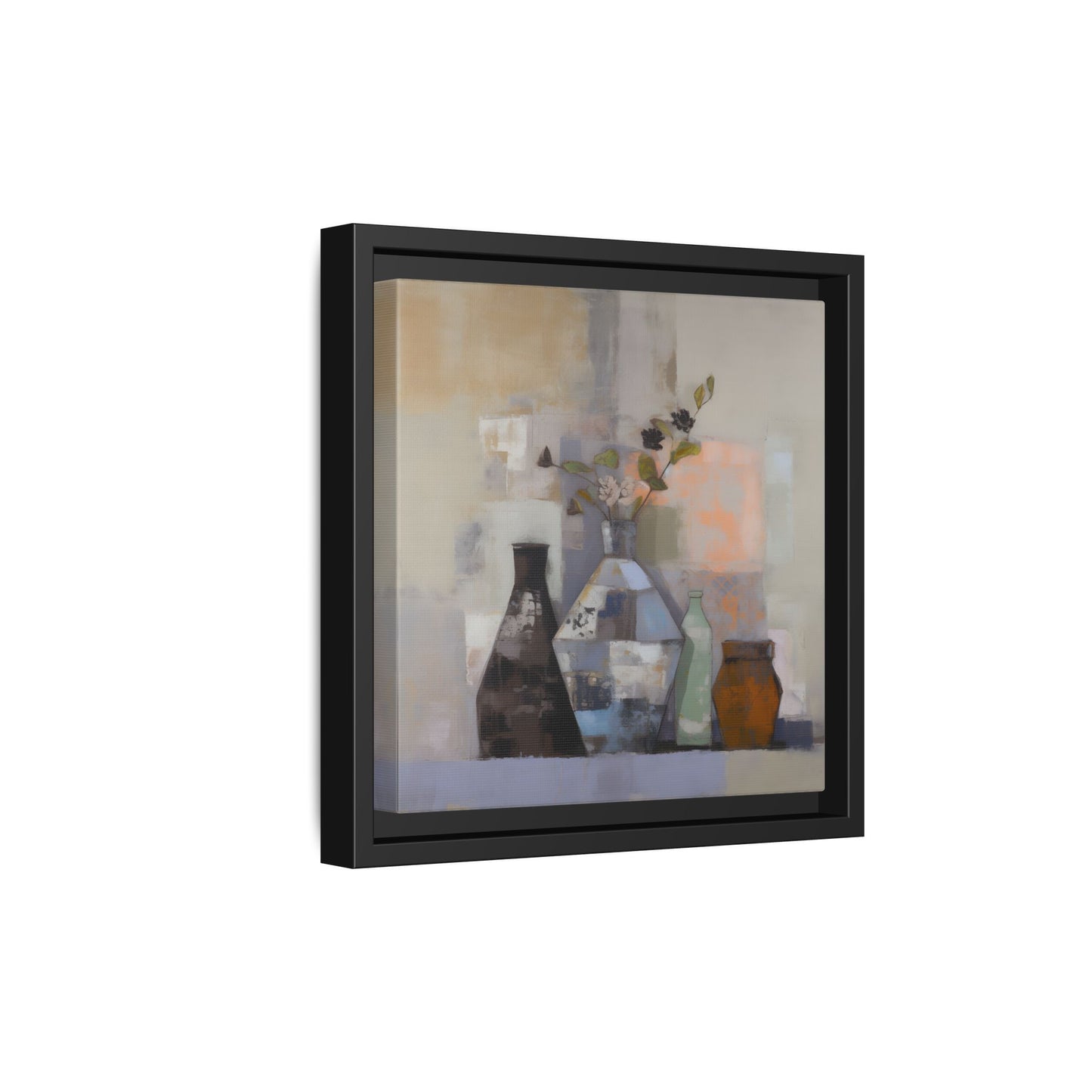Earthy Bottle Still Life Wall Art – Framed Abstract Canvas with Geometric Vases in Neutral Tones