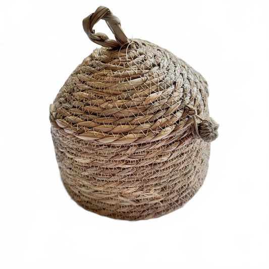 Handwoven Lidded Basket Natural Grass Storage Bin Boho Decor 10” Dome Top