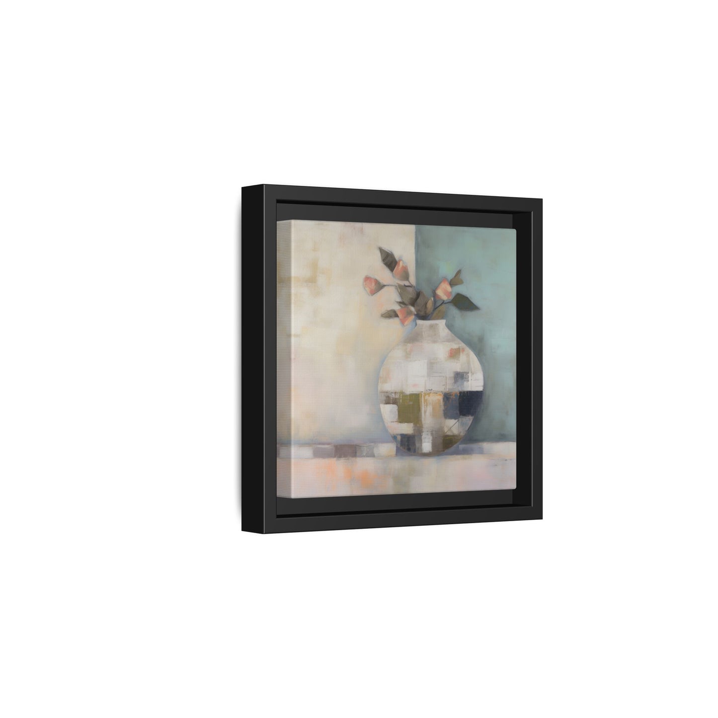 Geometric Floral Still Life Wall Art – Framed Abstract Canvas with Vase and Blush Pink Buds