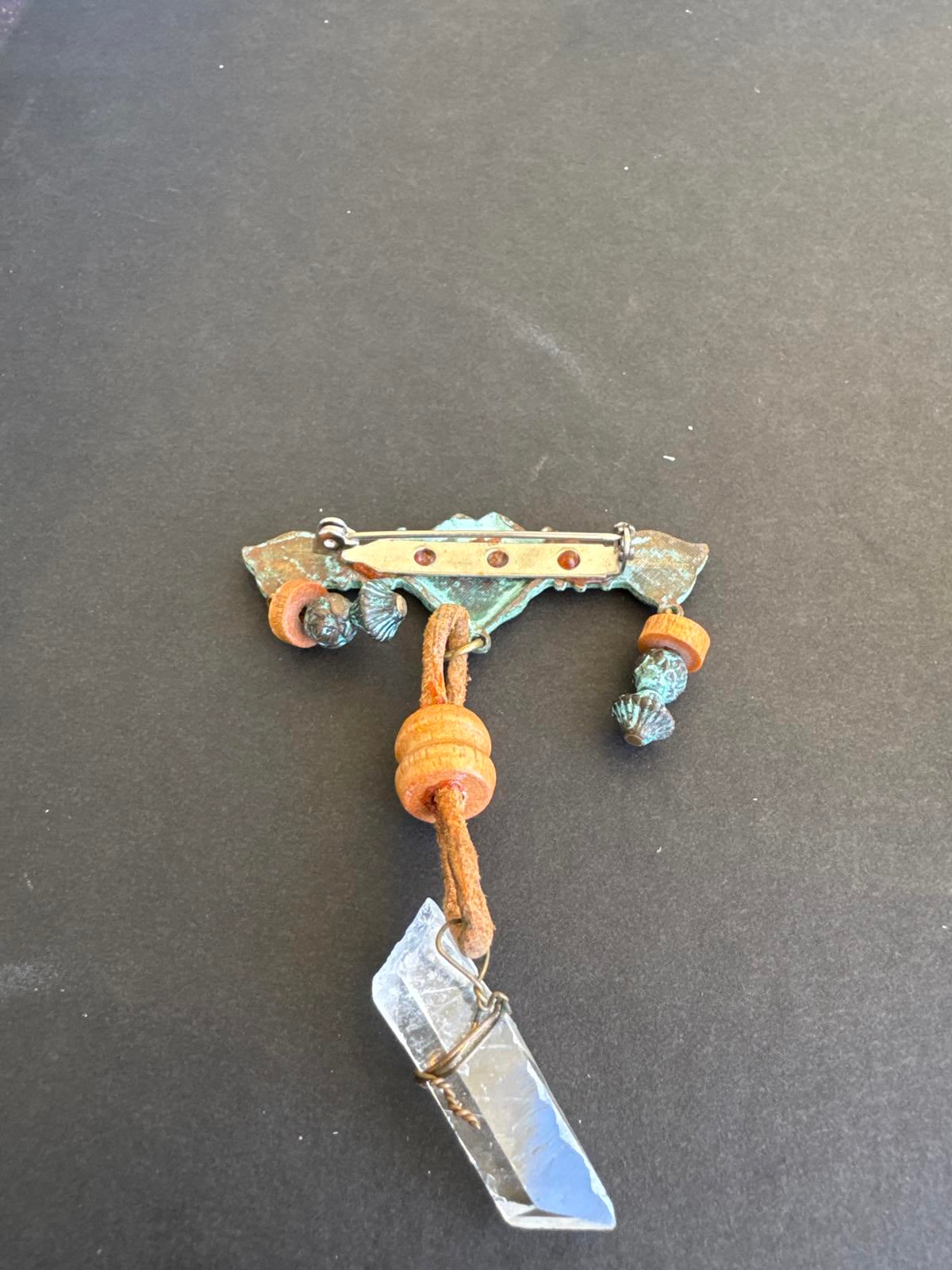 Vintage Artisan Crystal with Wood and Metal Accents Pendant Brooch