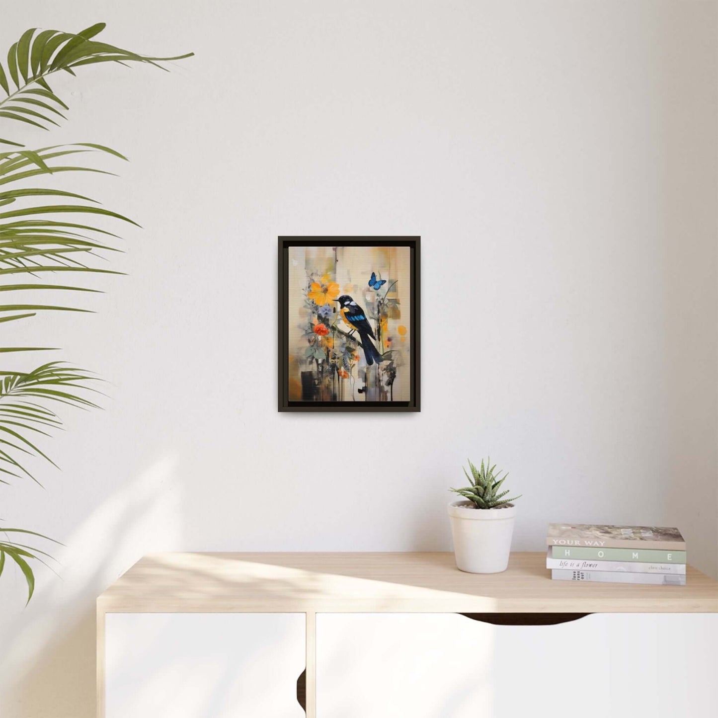 Framed colorful bird and butterfly canvas art on wall, vibrant home decor for modern interiors