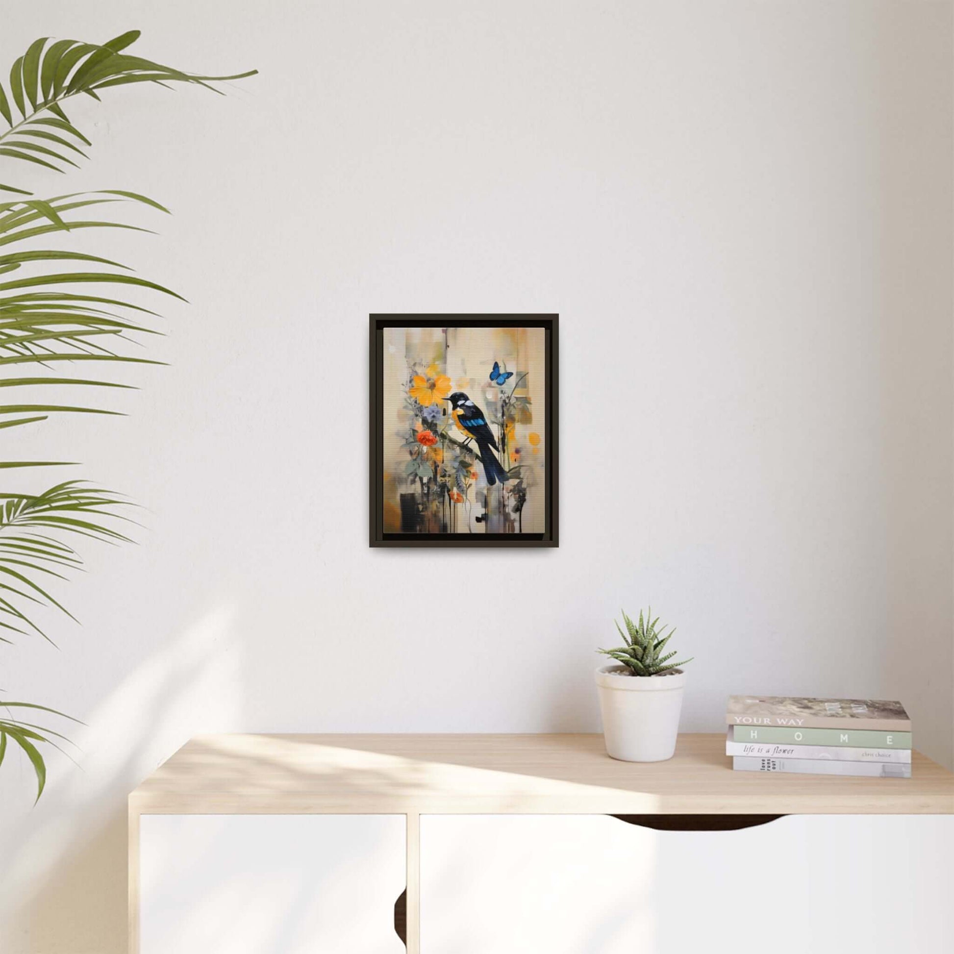 Framed colorful bird and butterfly canvas art on wall, vibrant home decor for modern interiors