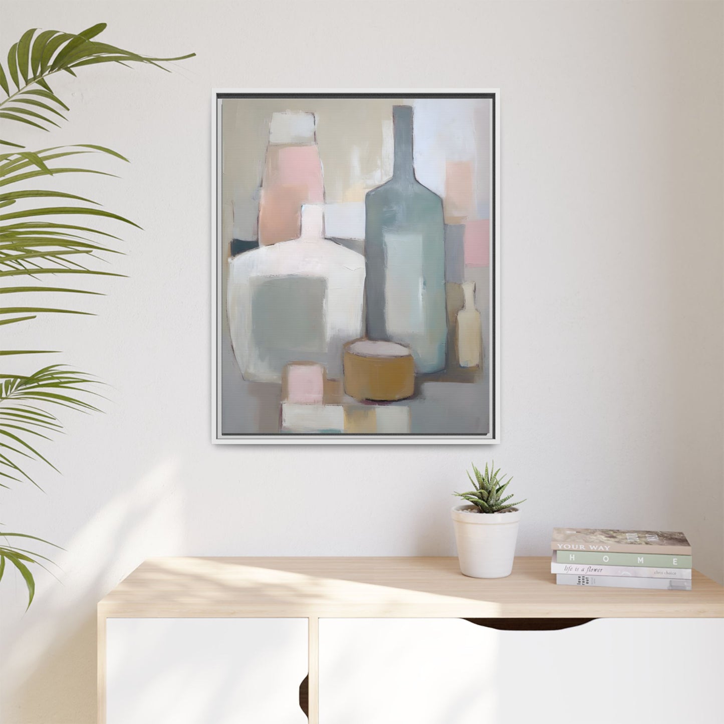 Modern Abstract Bottle Still Life Wall Art – Framed Canvas in Soft Pink, Blue, and Beige