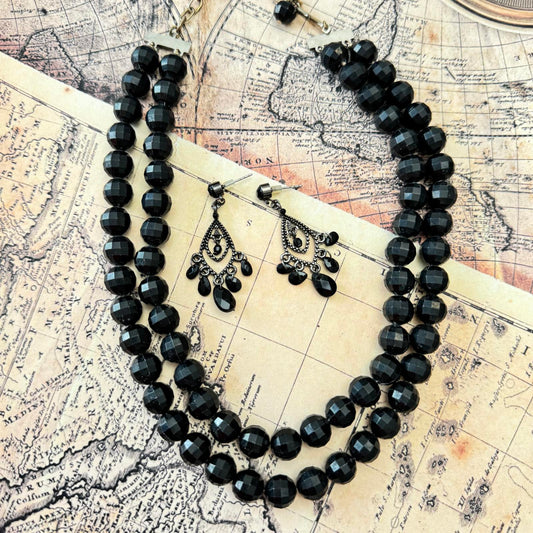 Elegant Black Beaded Necklace and Coordinating Earring Set