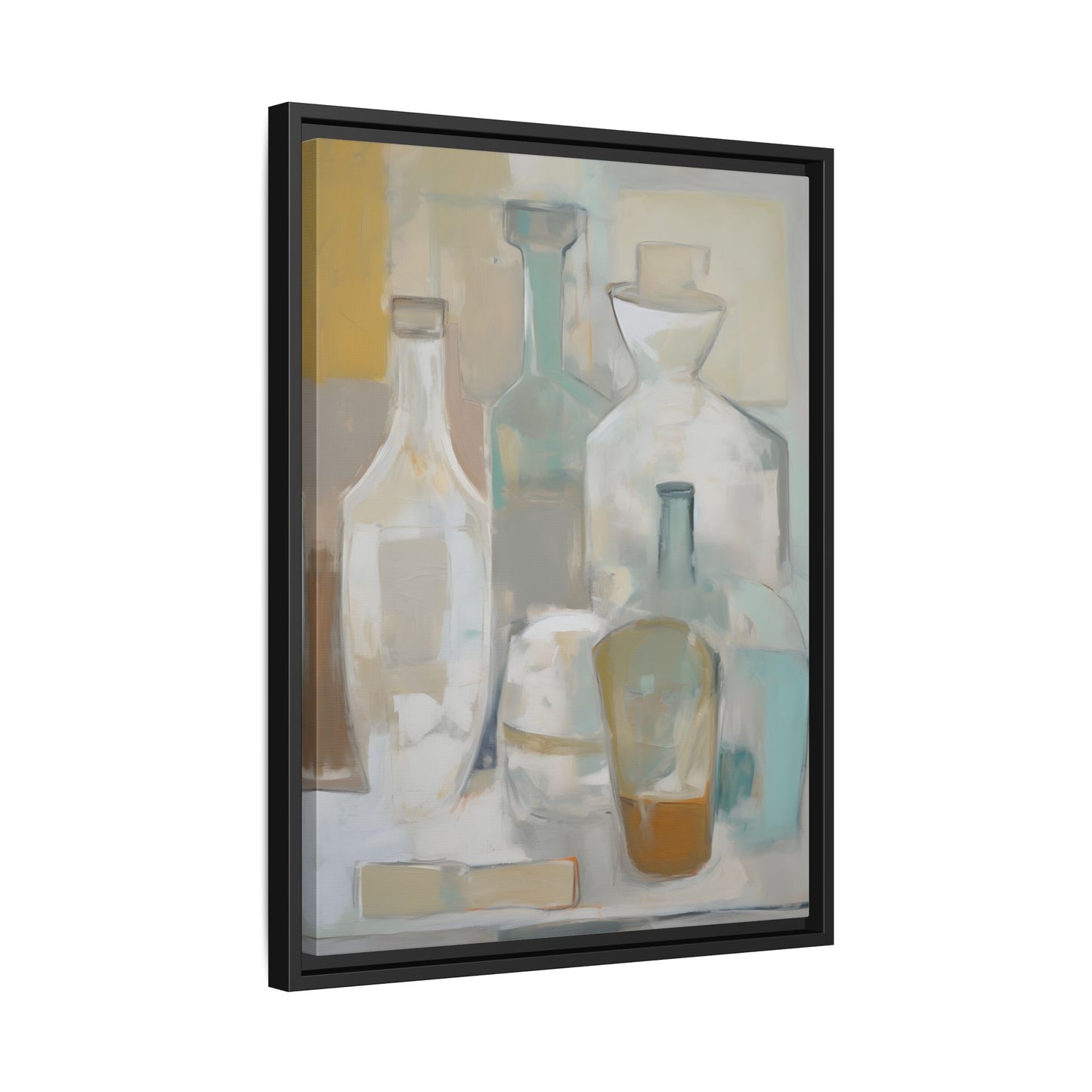 Modern Still Life Wall Art – Neutral Bottles Framed Canvas in Beige, Aqua & Amber