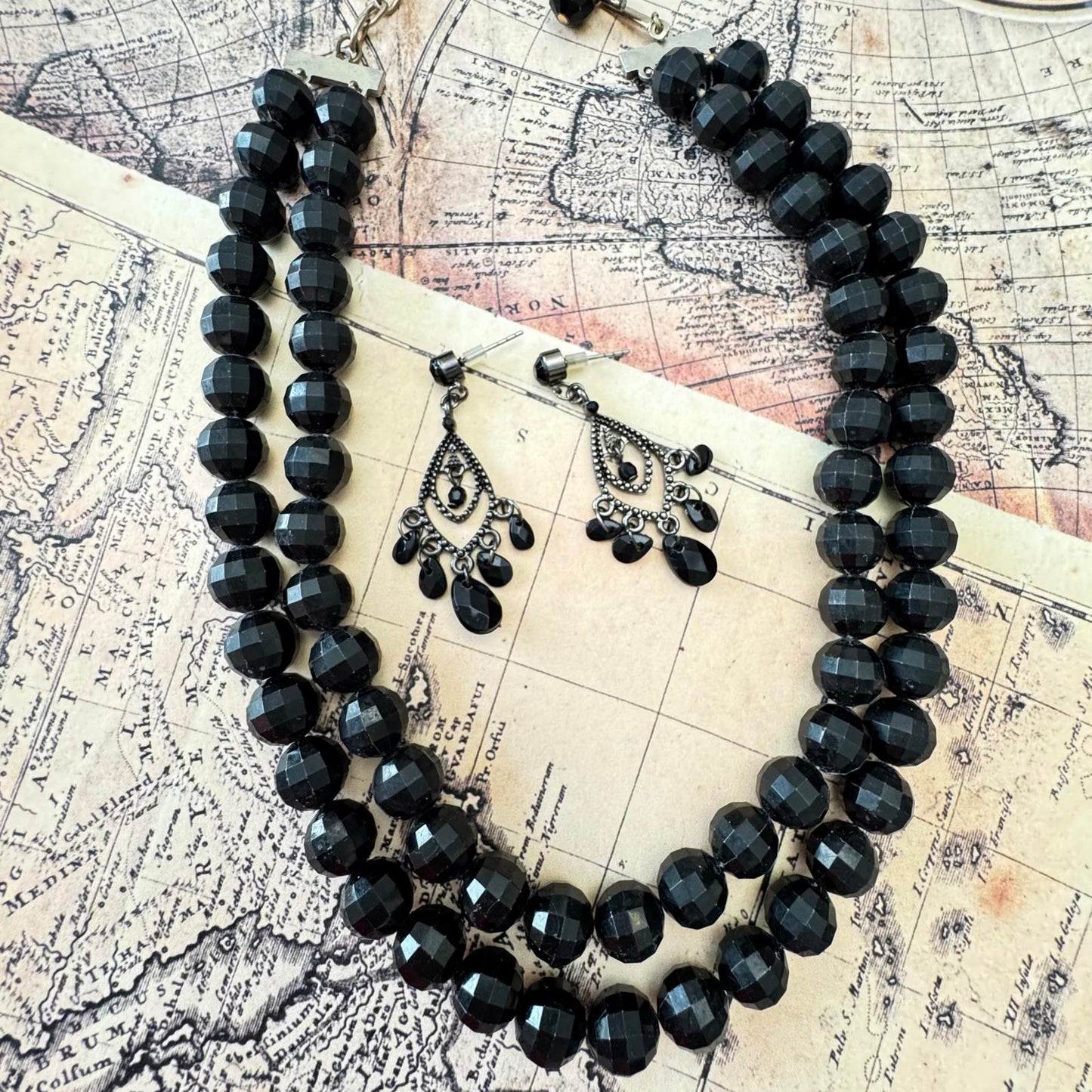 Elegant Black Beaded Necklace and Coordinating Earring Set