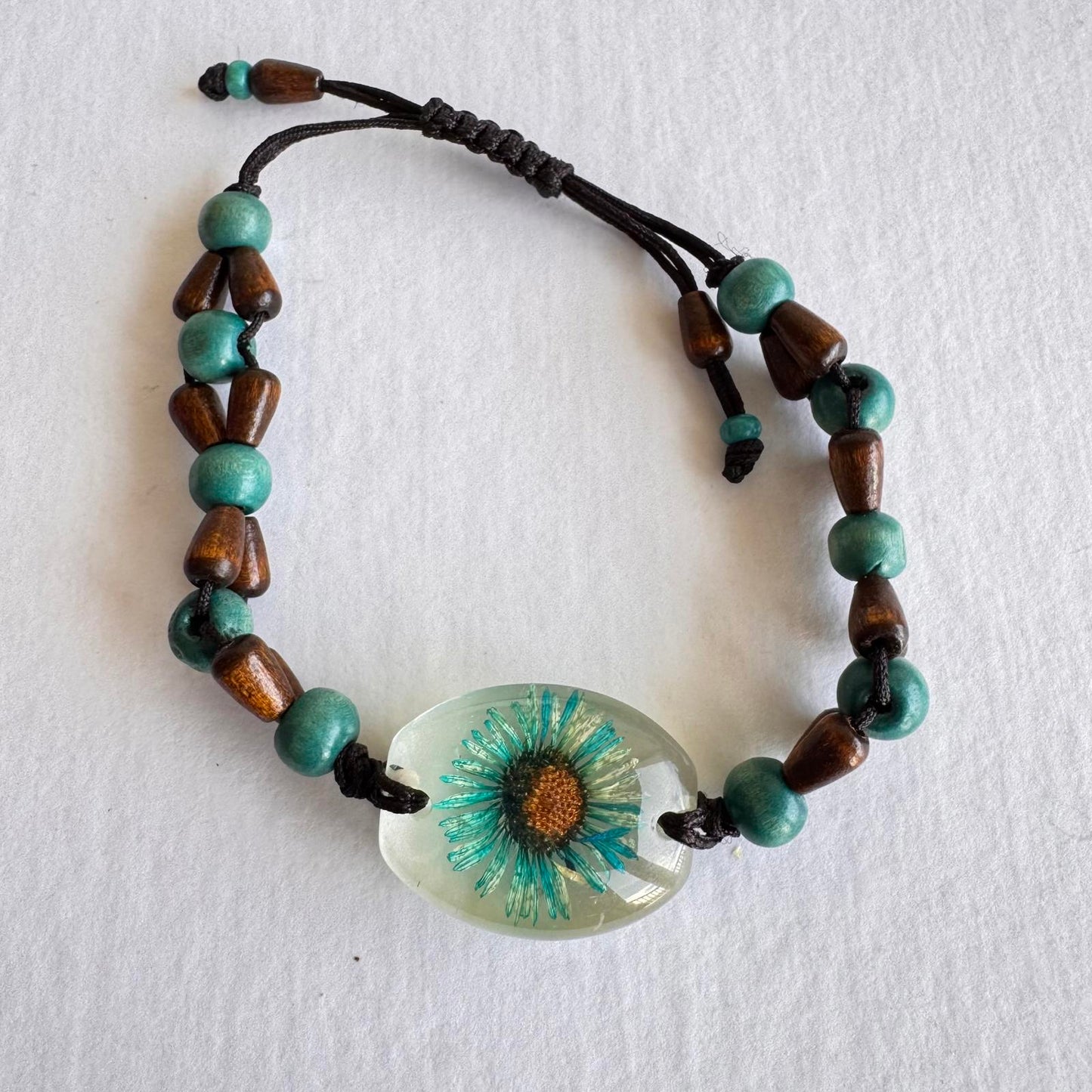 Handcrafted Floral Resin Bracelet with Wooden Beads