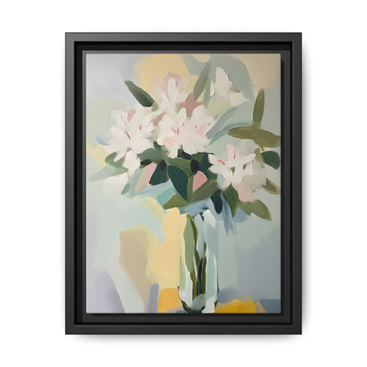 Soft Abstract Floral Wall Art – Framed Modern Canvas with White Flowers in Green Vase