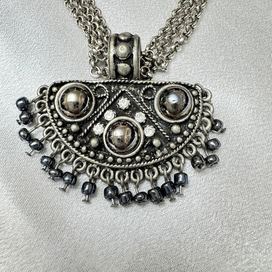Vintage Silver-Tone Statement Necklace with Pendant and Bead Accents