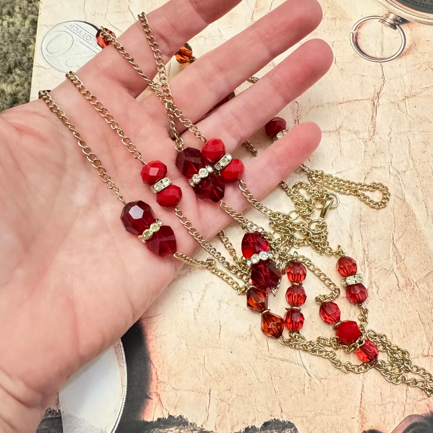 Elegant Vintage Red Rhinestone Earrings and Necklace Set