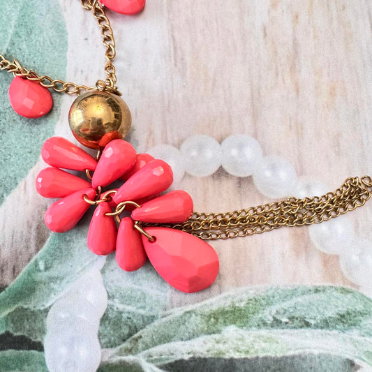 Coral Color Long Statement Necklace w/ Tassel and Leaf Charms & Co/ Bracelet