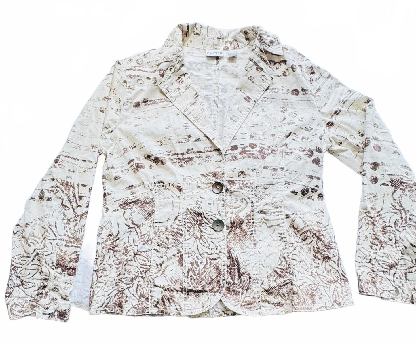 Chico’s Jacket Size Brown White Abstract Print Button Front Cotton Stretch