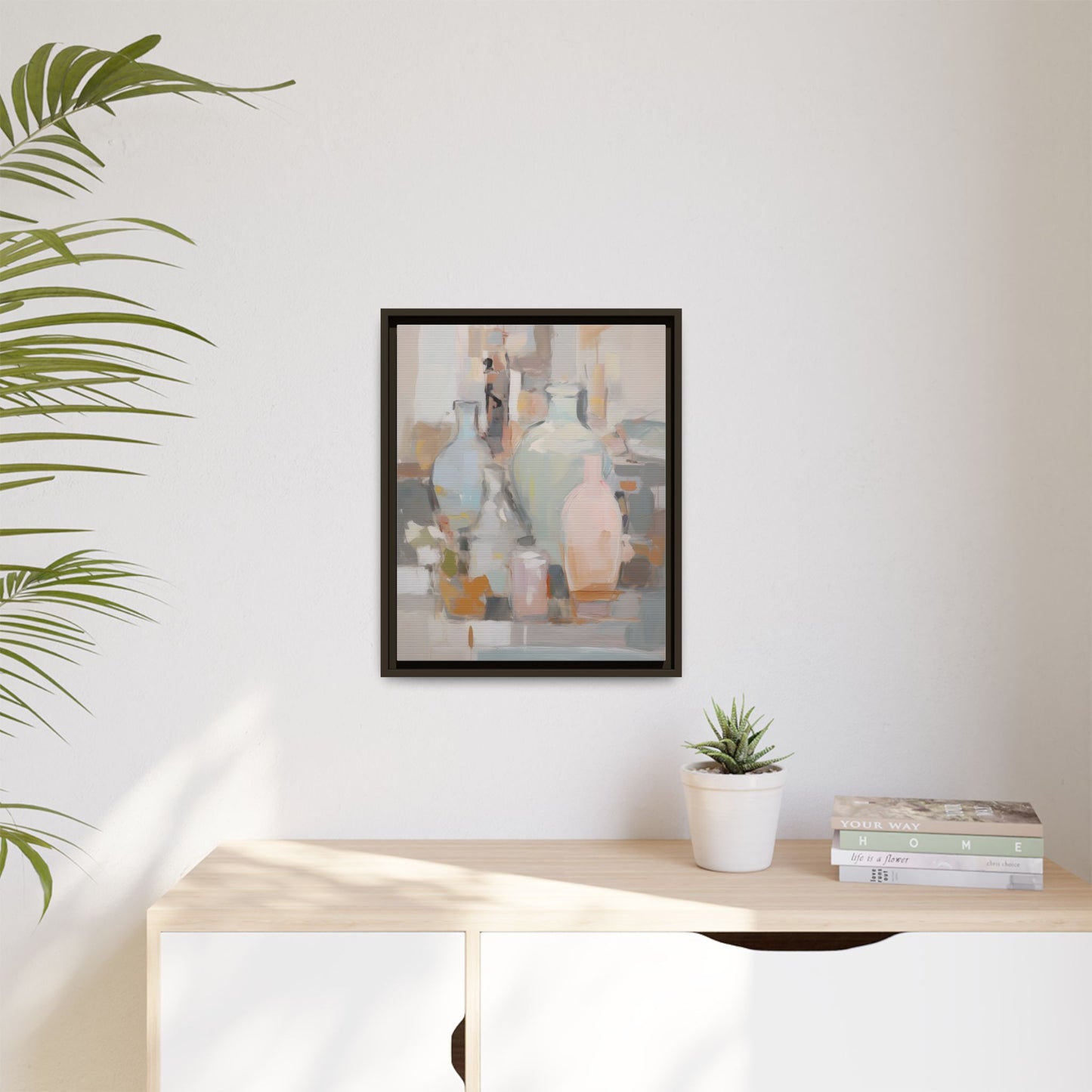 Modern Abstract Still Life Wall Art – Colorful Framed Canvas with Blue, Pink & Terracotta Bottles